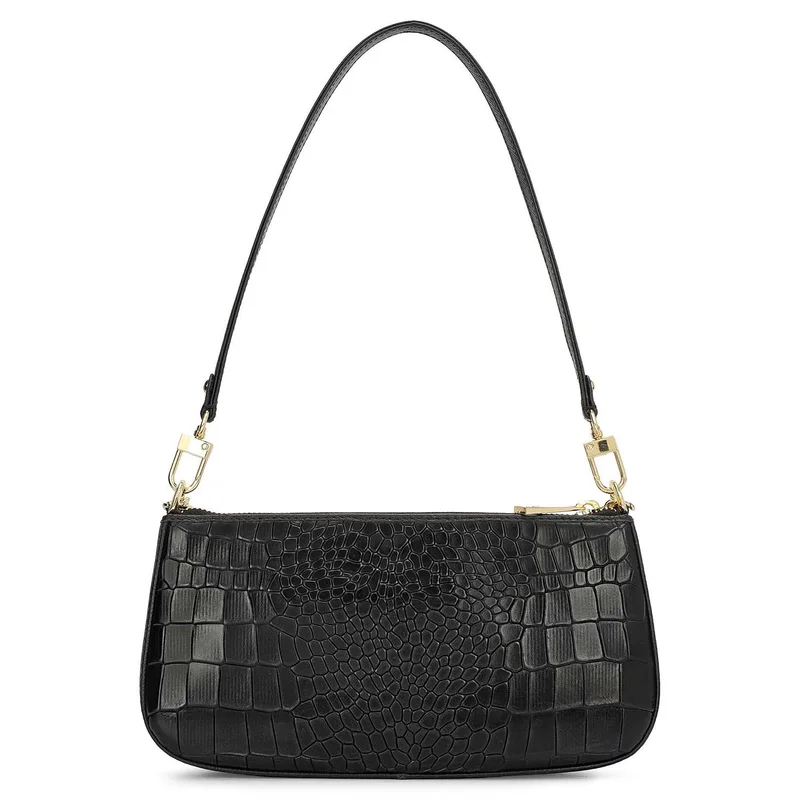 Da Milano Black Small Croco Leather Baguette - Black for Women | Best Price UAE